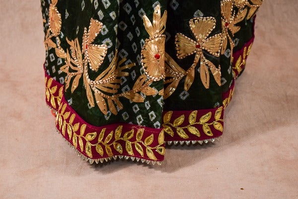 Beautiful Taffeta silk bandhani saree with charki gota work - KANHASAREE