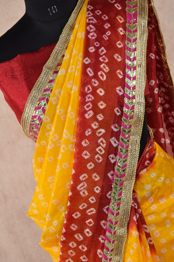 Red yellow dying taffeta silk bandhani saree - KANHASAREE