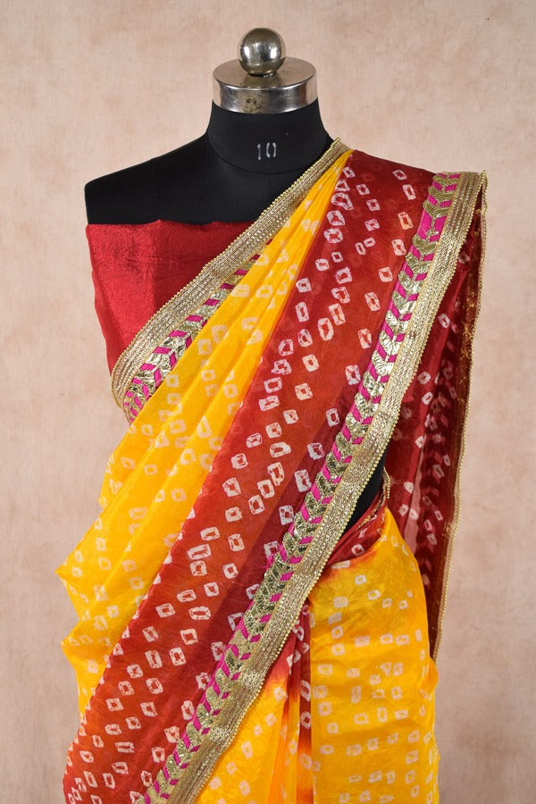 Red yellow dying taffeta silk bandhani saree - KANHASAREE