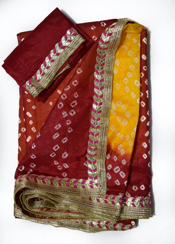 Red yellow dying taffeta silk bandhani saree - KANHASAREE