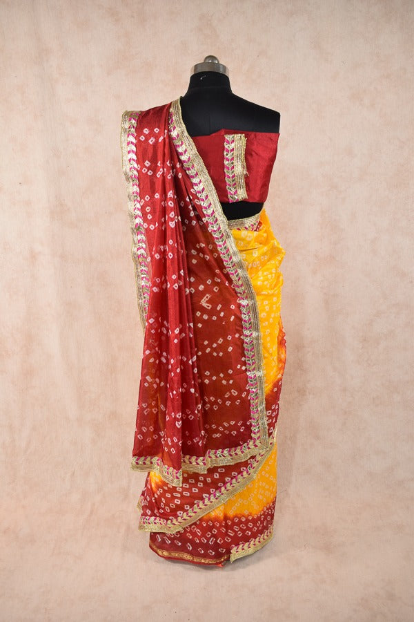 Red yellow dying taffeta silk bandhani saree - KANHASAREE