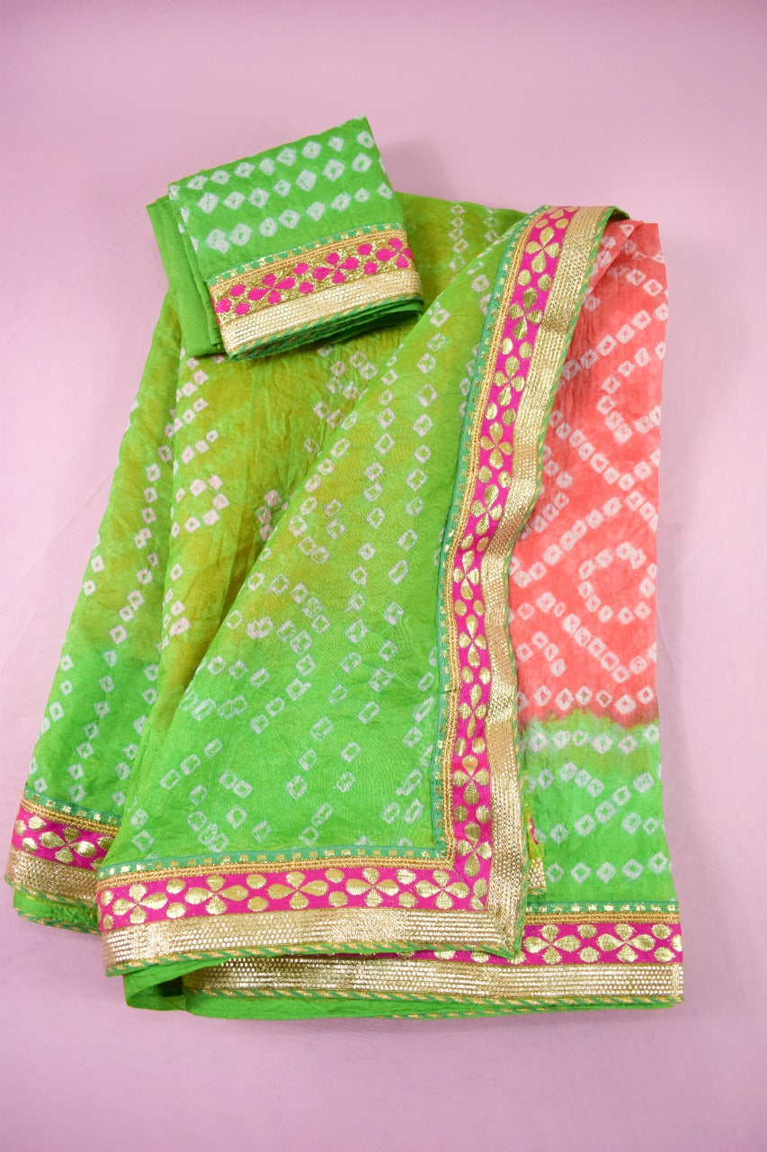 Taffeta silk bandhani saree with banarsi border gota work - KANHASAREE