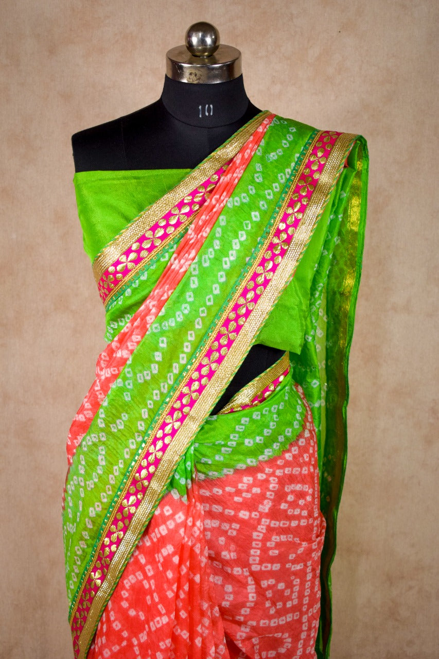 Taffeta silk bandhani saree with banarsi border gota work - KANHASAREE