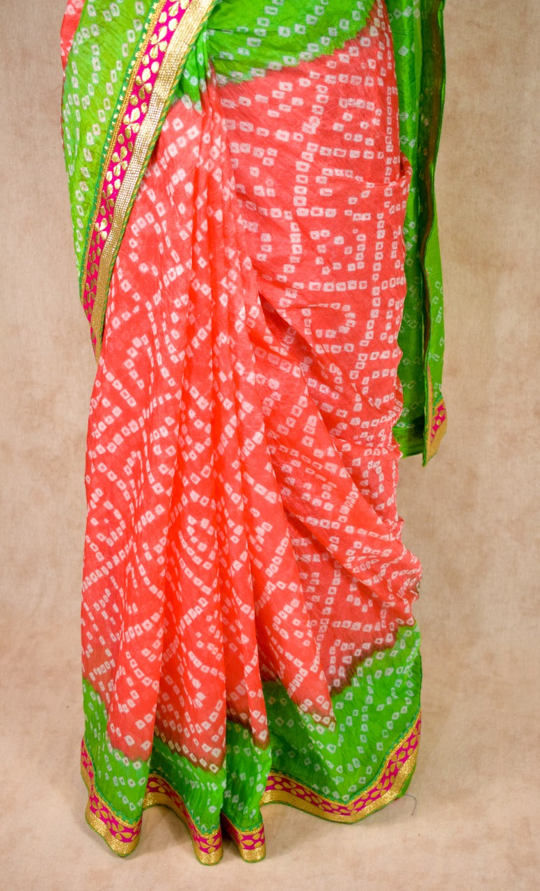 Taffeta silk bandhani saree with banarsi border gota work - KANHASAREE