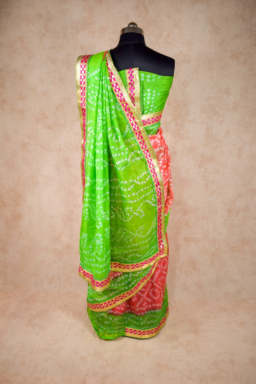 Taffeta silk bandhani saree with banarsi border gota work - KANHASAREE