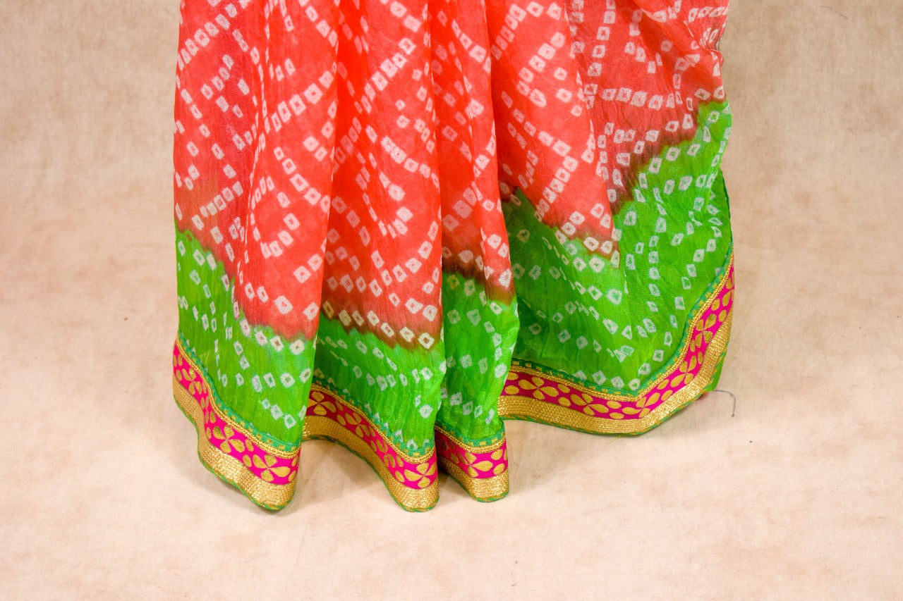 Taffeta silk bandhani saree with banarsi border gota work - KANHASAREE