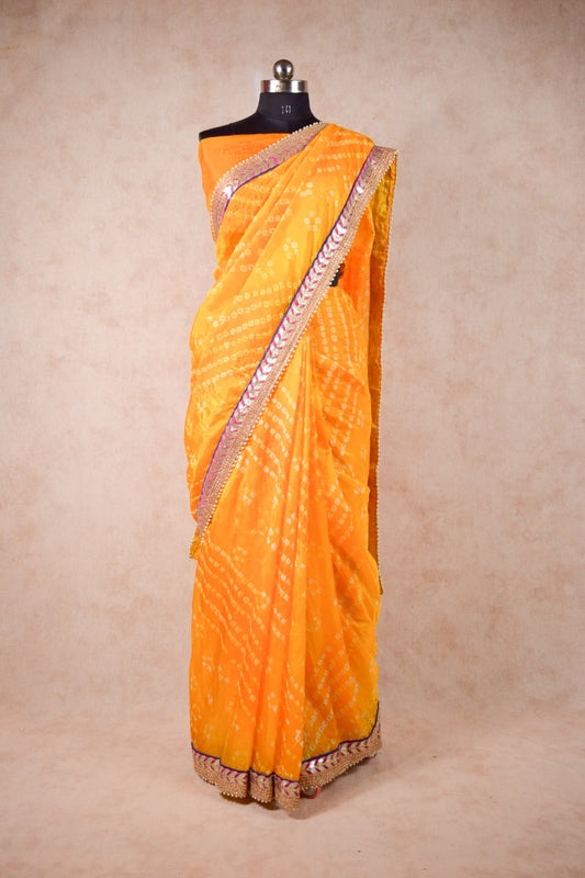 Taffeta silk bandhani saree with gota border - KANHASAREE
