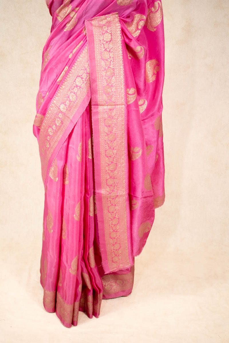 Pink Banarasi Silk Saree with Contrast Red Silk Blouse - KANHASAREE