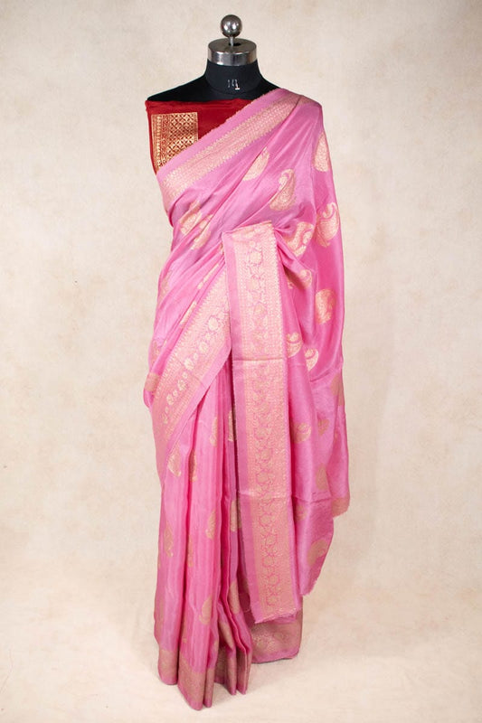 Pink Banarasi Silk Saree with Contrast Red Silk Blouse - KANHASAREE