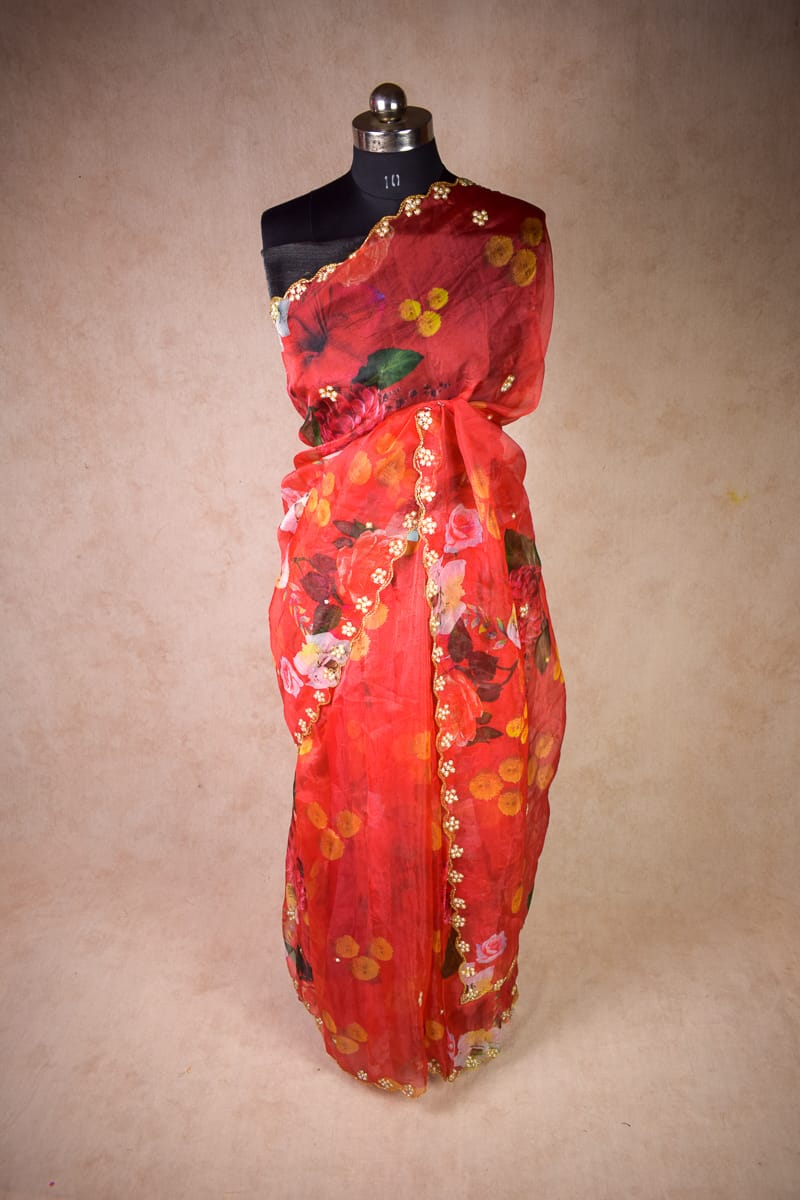 Organza floral print saree with pearl handwork on border - KANHASAREE