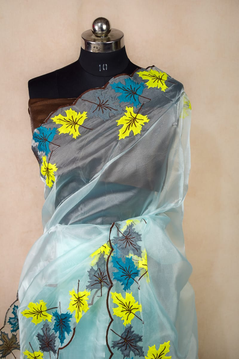 Organza Sky Blue Embroidery Saree - Floral Embroidered Border Handwork - KANHASAREE