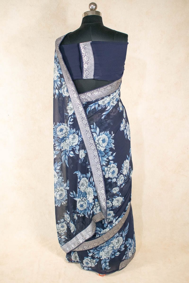 Georgette Floral Print Saree with Banarasi Border - KANHASAREE