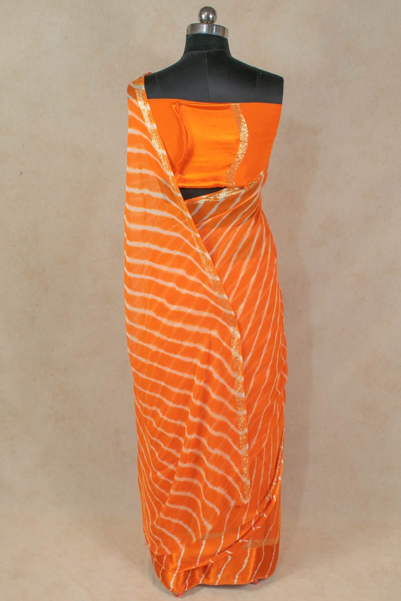 Pure Georgette Tie Dye Orange White Leheriya Saree - KANHASAREE