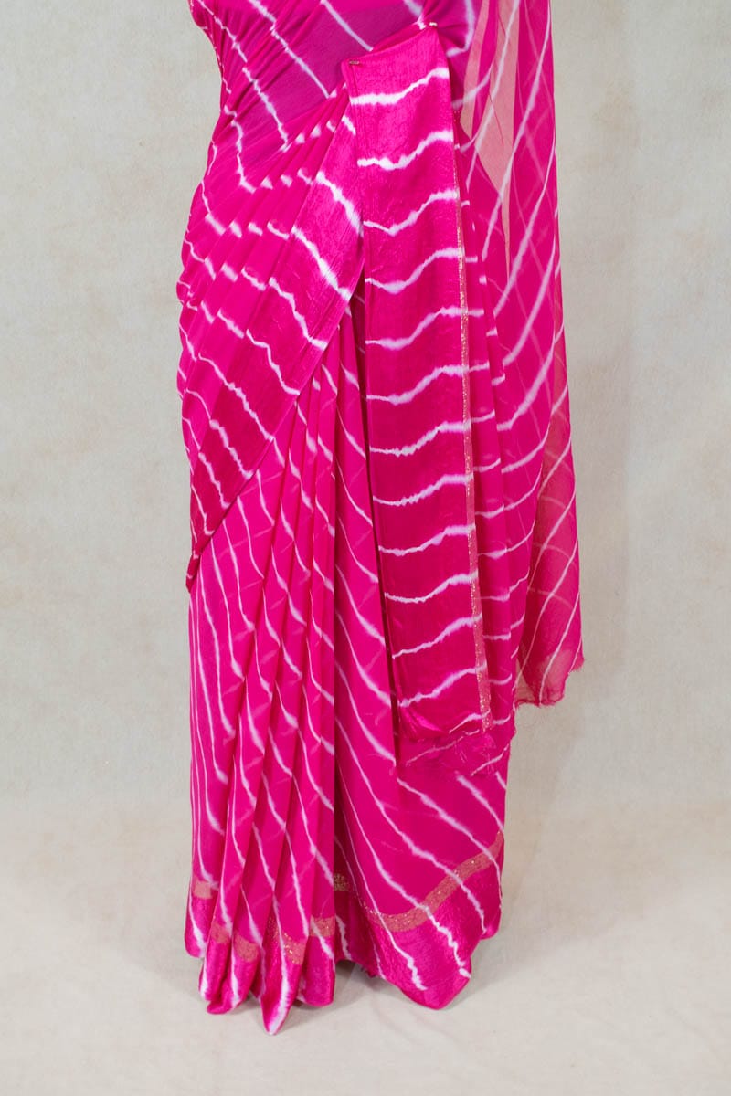 Pure Georgette Tie Dye Pink White Leheriya Saree - KANHASAREE