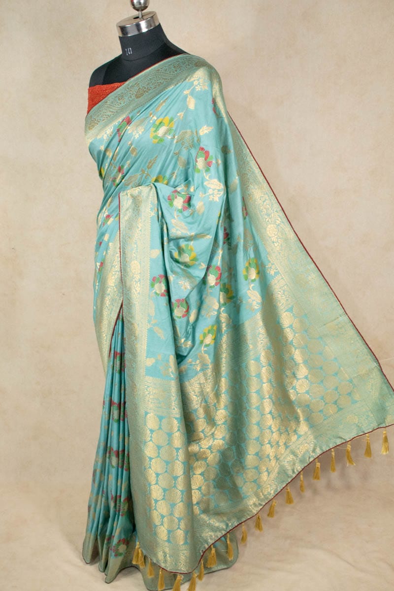 Dola Silk Meenakari Weaving Saree with Contrast Red Blouse - KANHASAREE