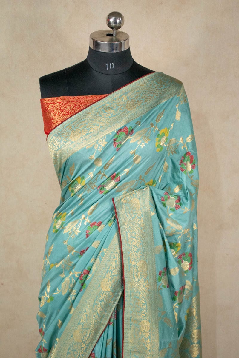 Dola Silk Meenakari Weaving Saree with Contrast Red Blouse - KANHASAREE