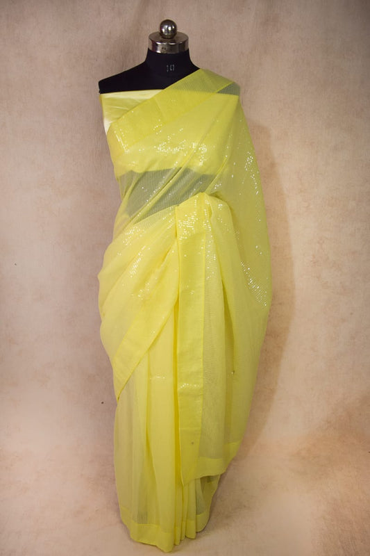 Yellow Georgette Sequin Work Saree - KANHASAREE