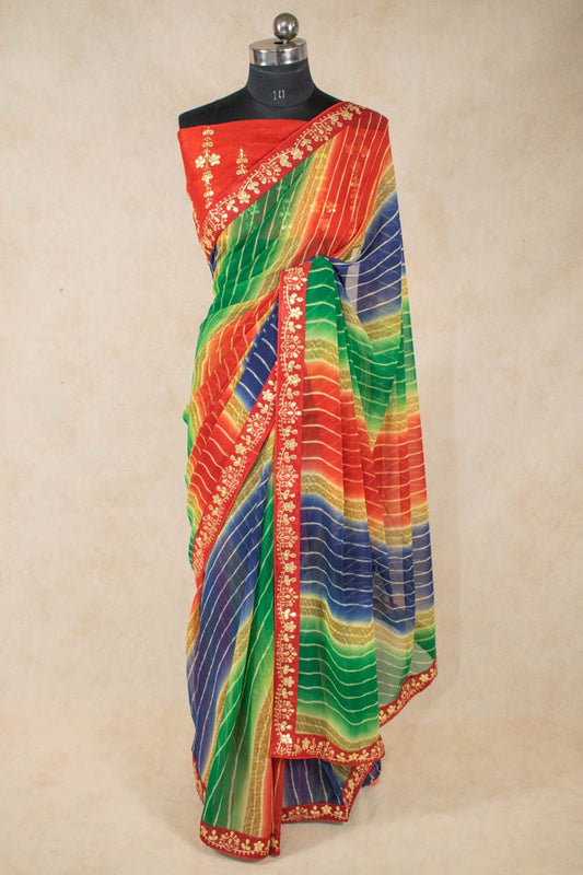 Multi-Colour Leheriya Saree with Gota Work Border - Kanhasarees by ksds