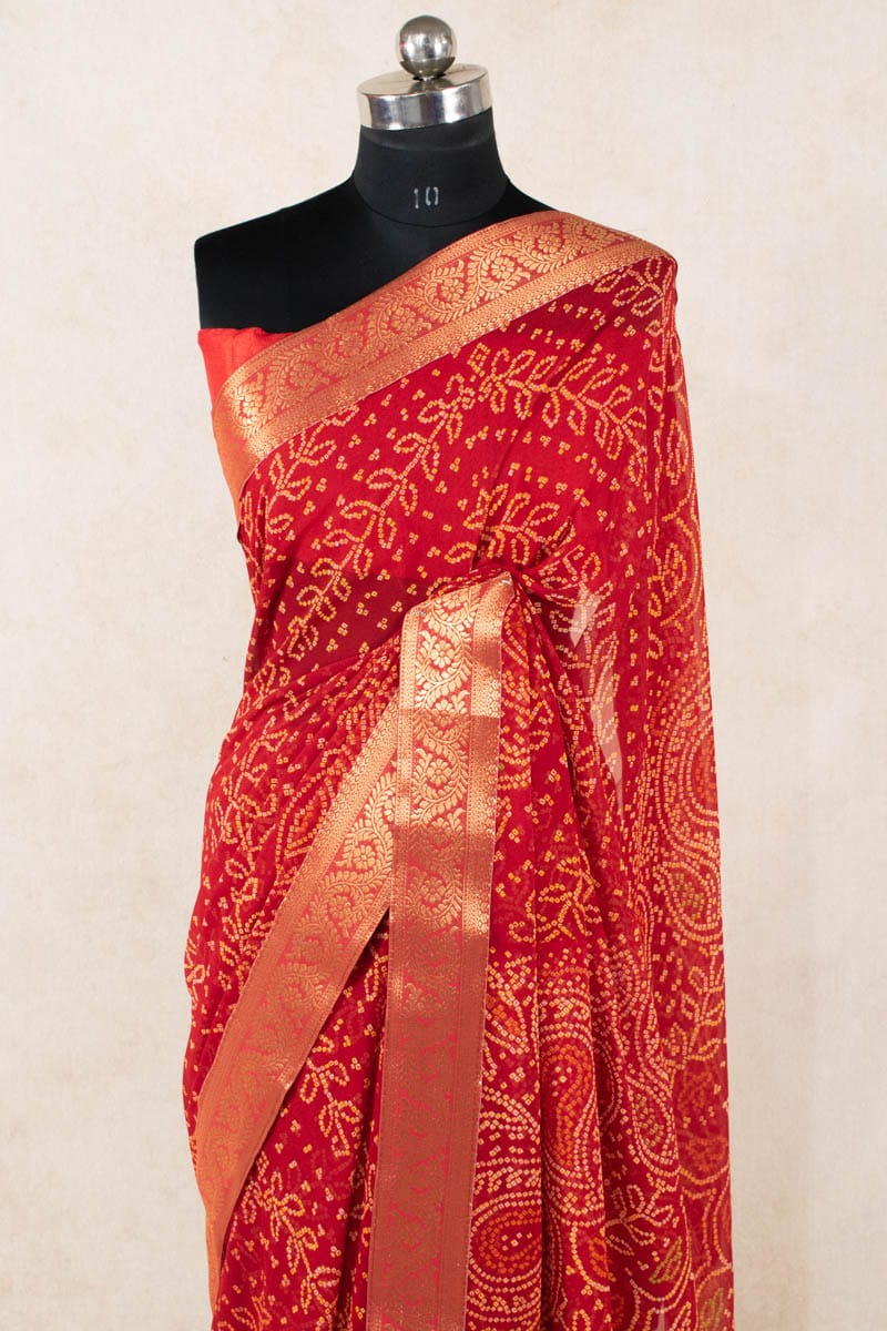 Traditional Red Bandhani Georgette Saree - Pure Elegance from Rajasthan - KANHASAREE