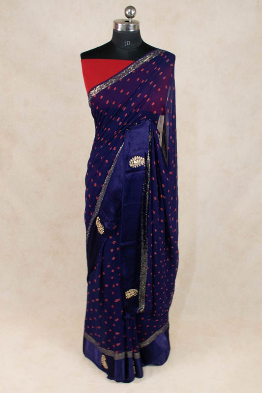 Bandhani Georgette Satin Patta Saree with Pittan Hand Work - Kanhasarees by ksds