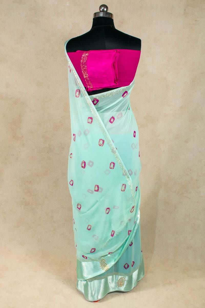 Elegant Georgette Bandhani Saree with Hand Pittan Work and Buti Border - KANHASAREE