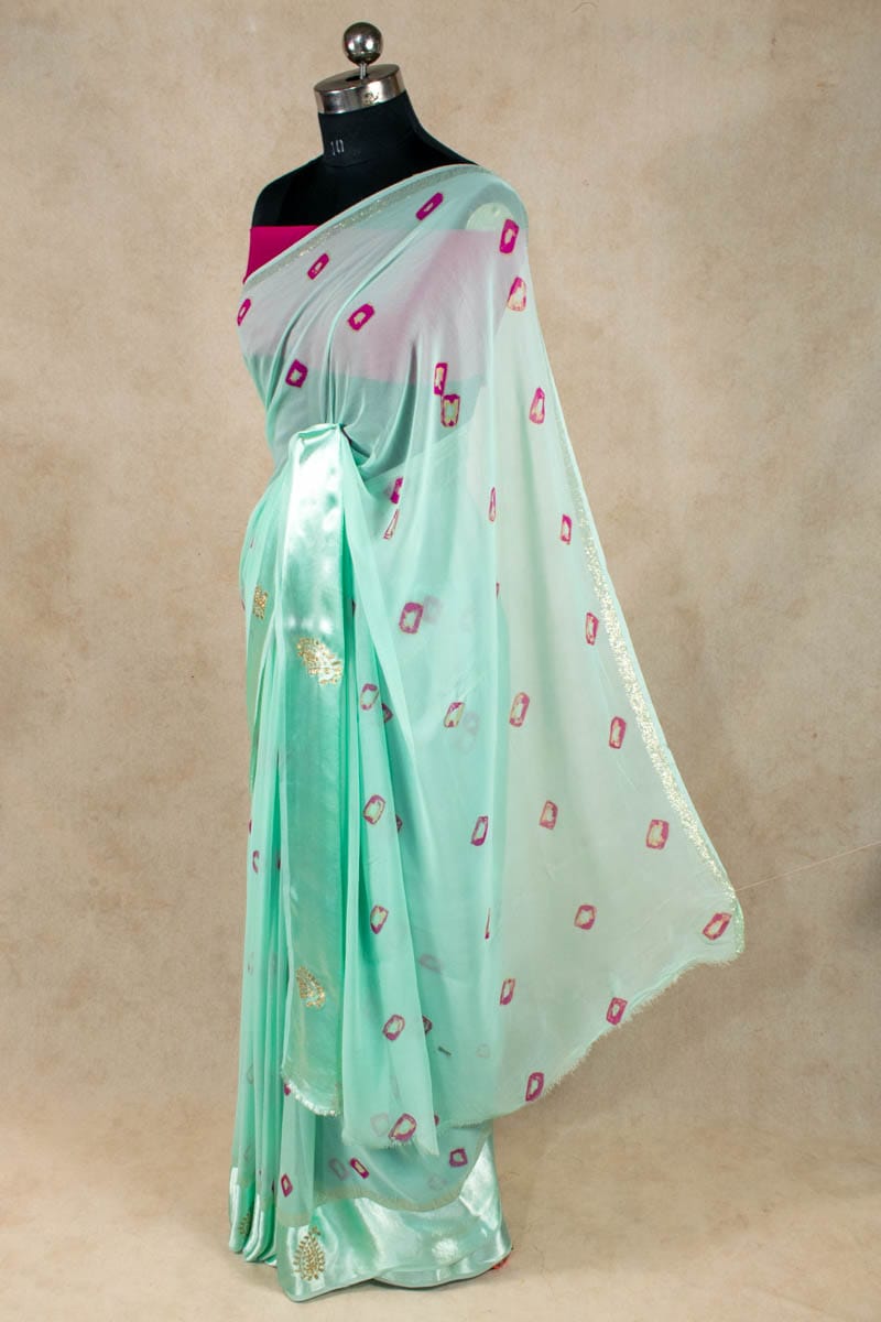 Elegant Georgette Bandhani Saree with Hand Pittan Work and Buti Border - KANHASAREE