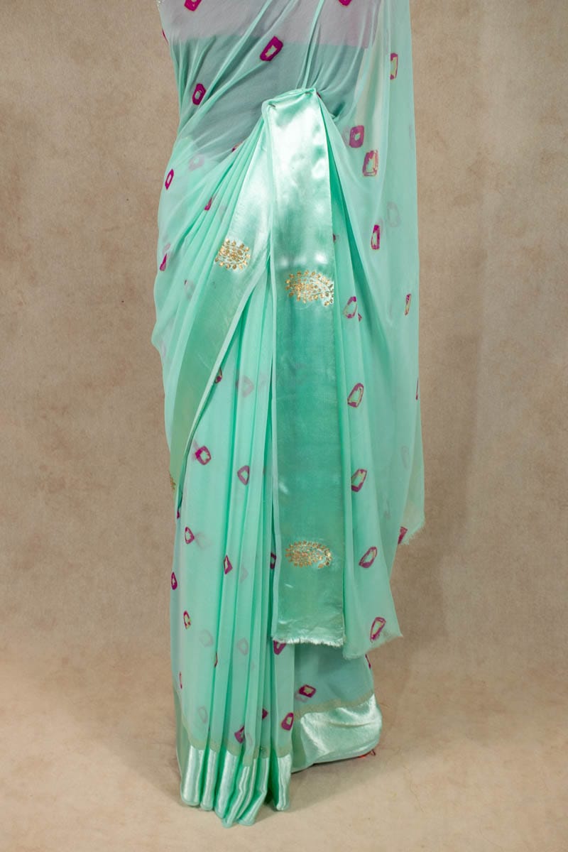 Elegant Georgette Bandhani Saree with Hand Pittan Work and Buti Border - KANHASAREE