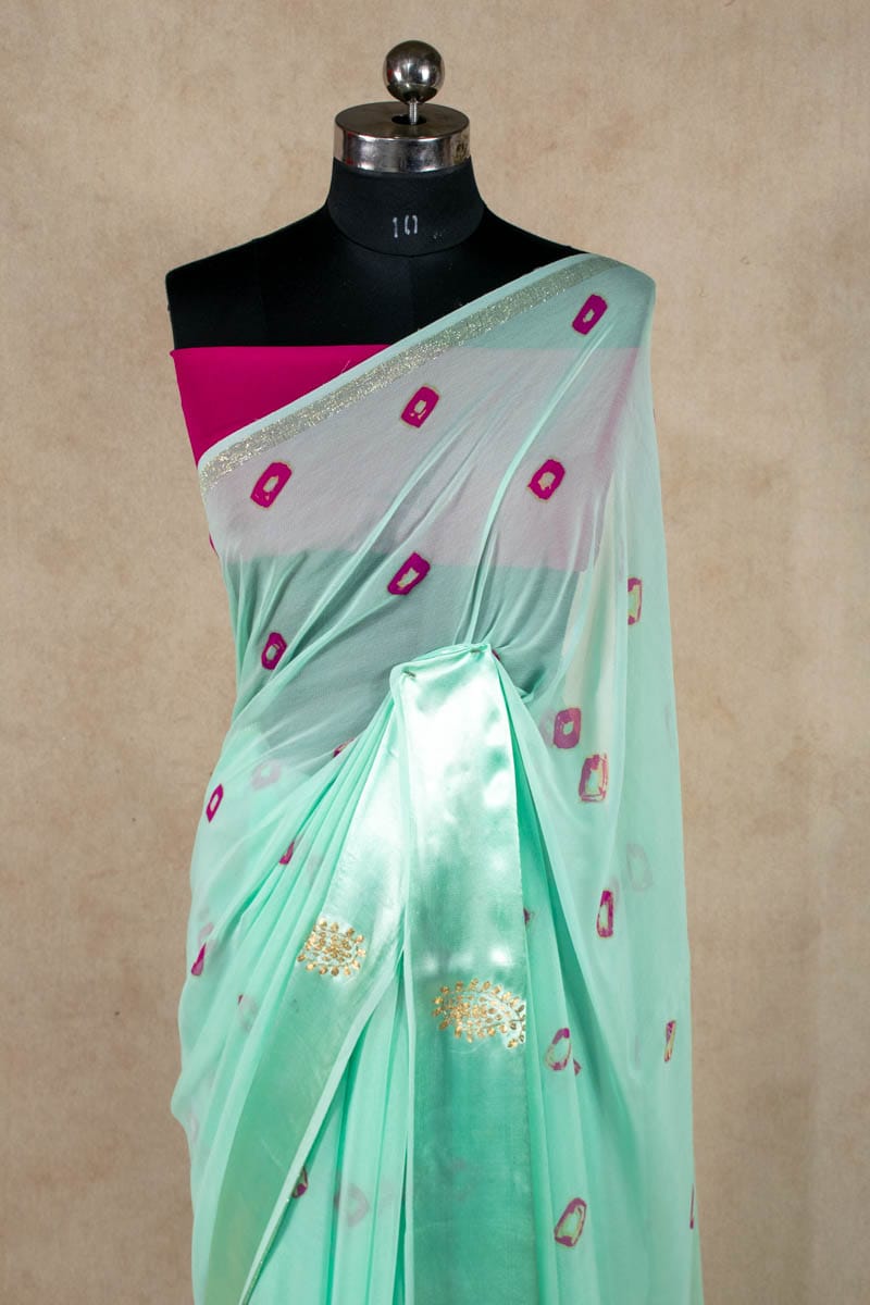 Elegant Georgette Bandhani Saree with Hand Pittan Work and Buti Border - KANHASAREE