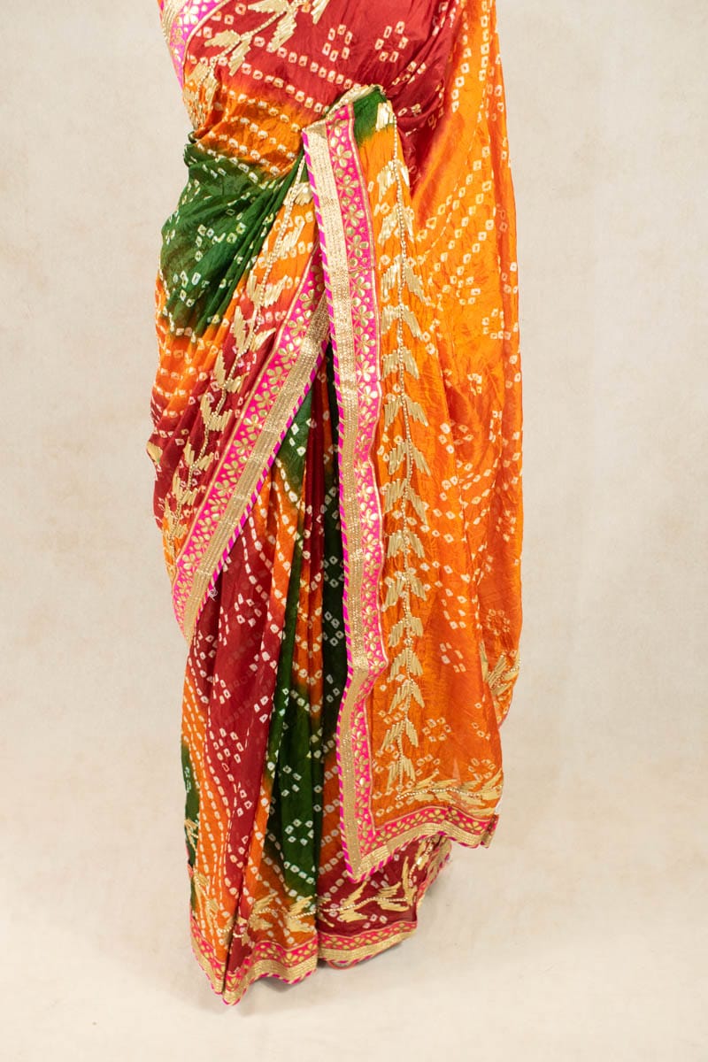 Art Silk Bandhani Gota Work Saree with Hand Tie &amp; Dye - KSDS - KANHASAREE