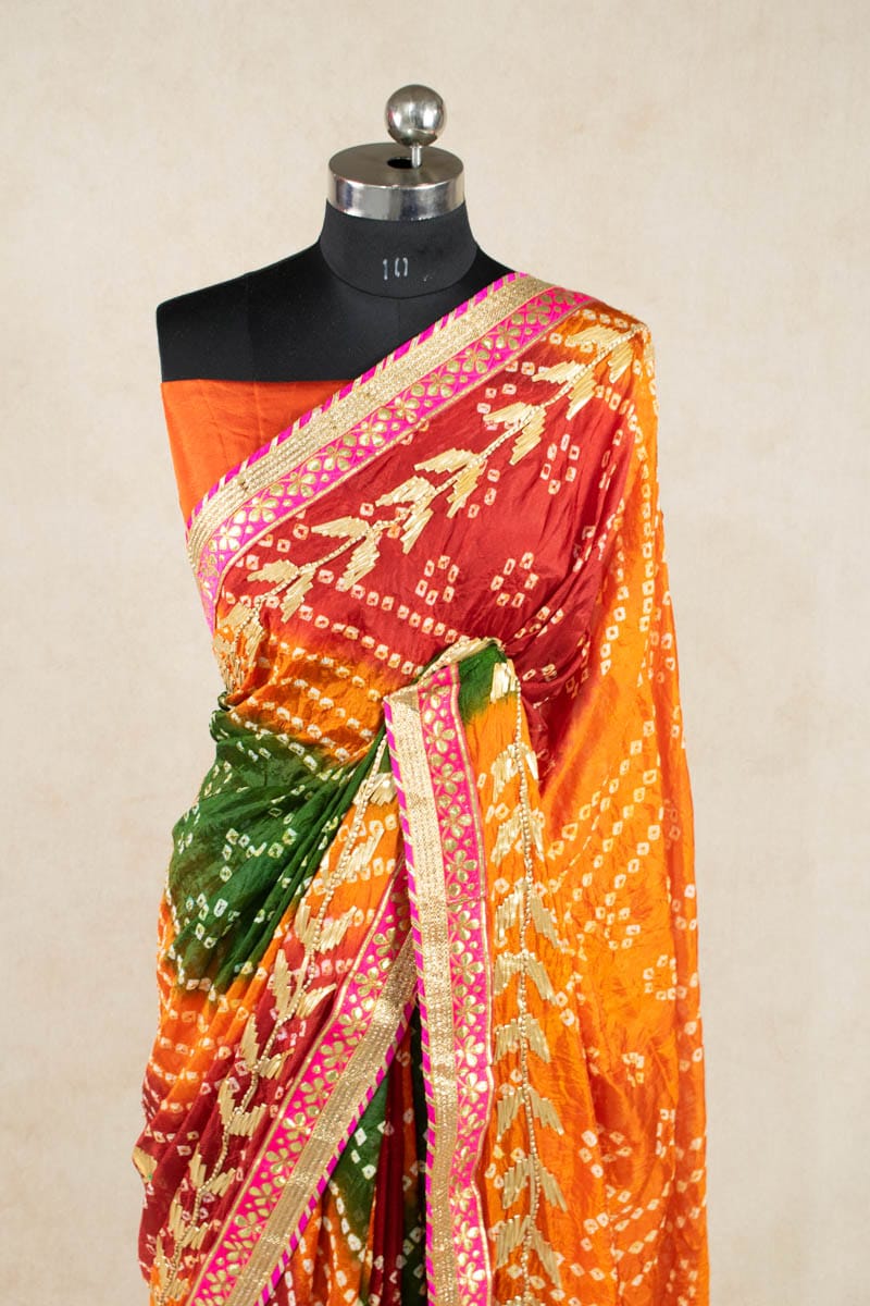 Art Silk Bandhani Gota Work Saree with Hand Tie & Dye - KSDS - KANHASAREE