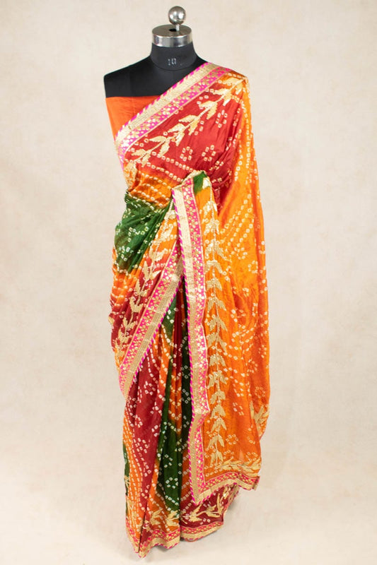 Art Silk Bandhani Gota Work Saree with Hand Tie &amp; Dye - KSDS - KANHASAREE