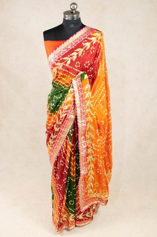 Art Silk Bandhani Gota Work Saree with Hand Tie & Dye - KSDS - KANHASAREE