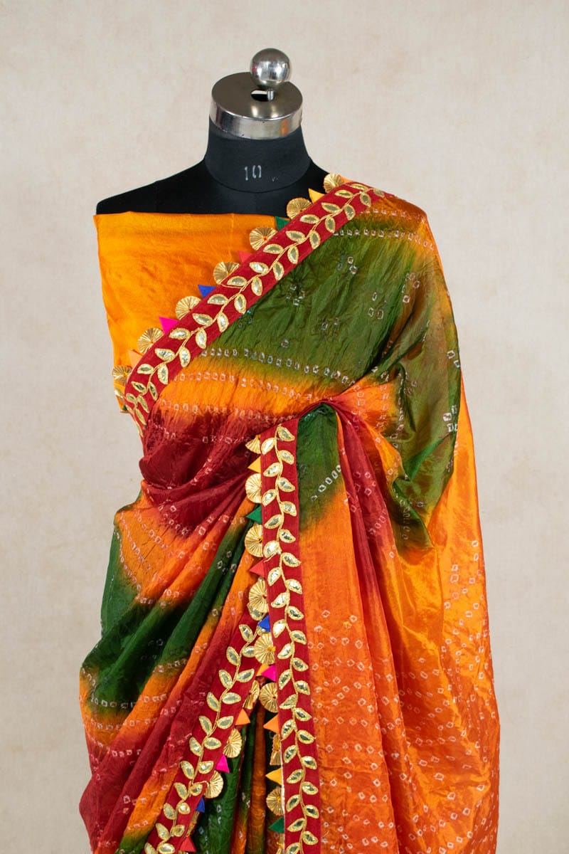 Elegance Redefined: Art Silk Bandhani Gota Patti Border Saree - KANHASAREE