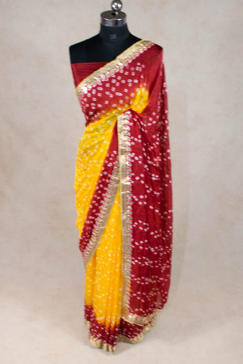 Elegance Redefined: Art Silk Bandhani Saree with Gota Patti Border - KANHASAREE
