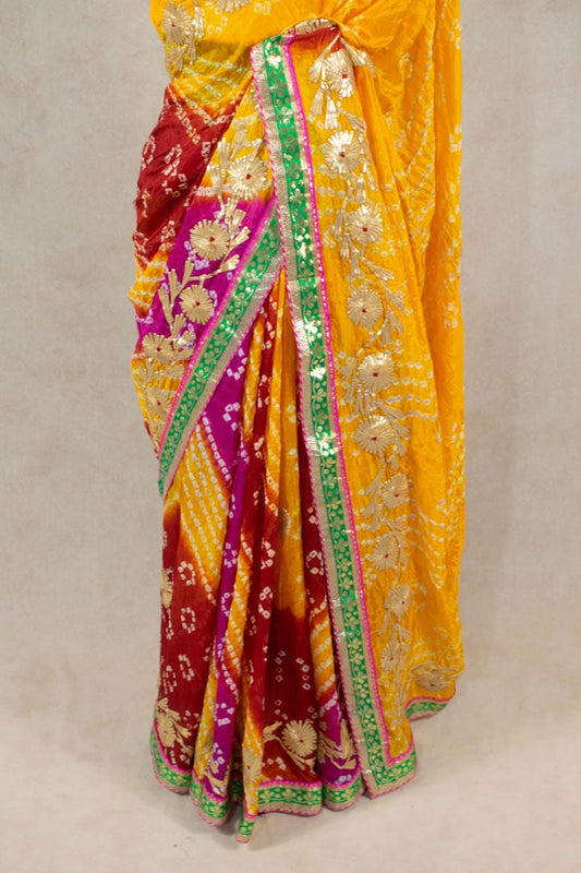 Elegant Art Silk Bandhani Saree with Kacha Gota Work - Kanhasarees by ksds
