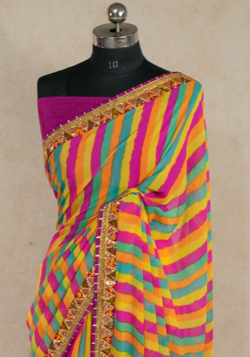 Elegant Georgette Leheriya Print Saree with Gota Work Fancy Border - KANHASAREE