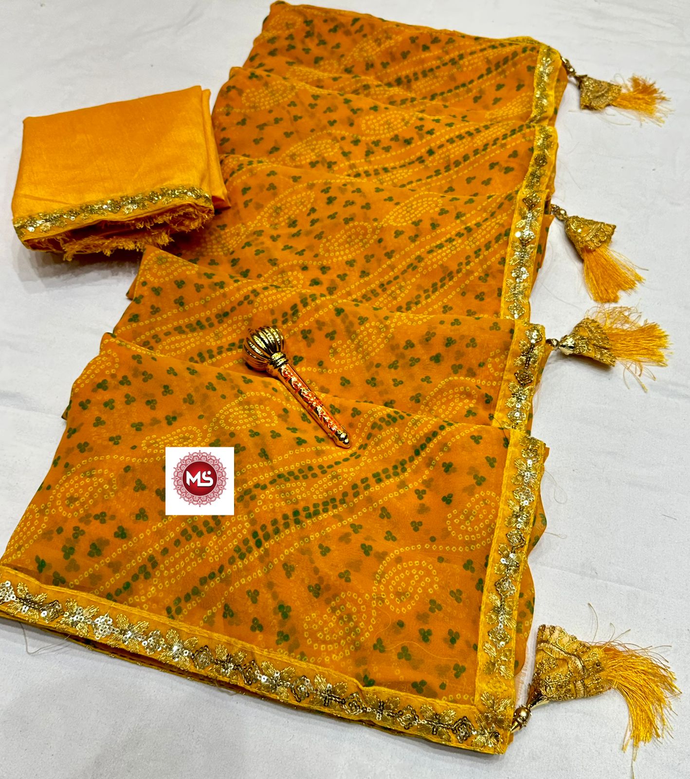Georgette Bandhej Saree with Heavy Sequins &amp; Lace Border - KANHASAREE