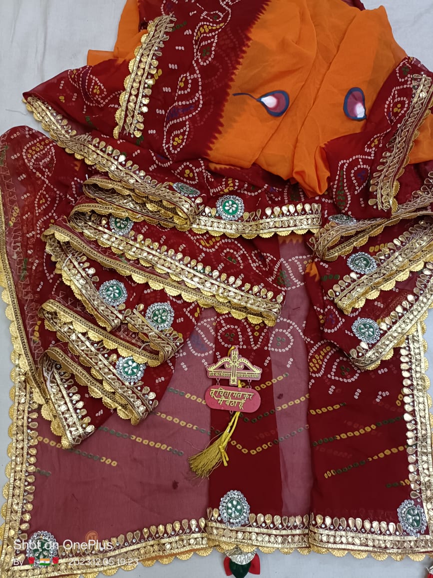 Georgette Pilliya Bandej Saree with Kundan Gota Patti Mix Work - KANHASAREE