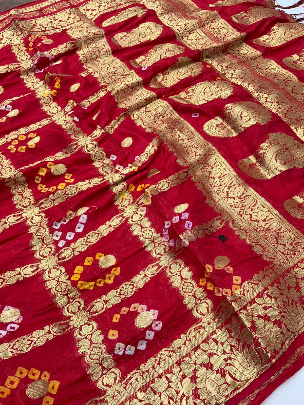 Premium Bandhej Silk Saree with Zari Weaving - KANHASAREE