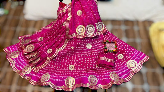 Rajasthani Bandhej Silk Lehenga: Handmade Elegance with Gotta Patti Cutting Work - KANHASAREE