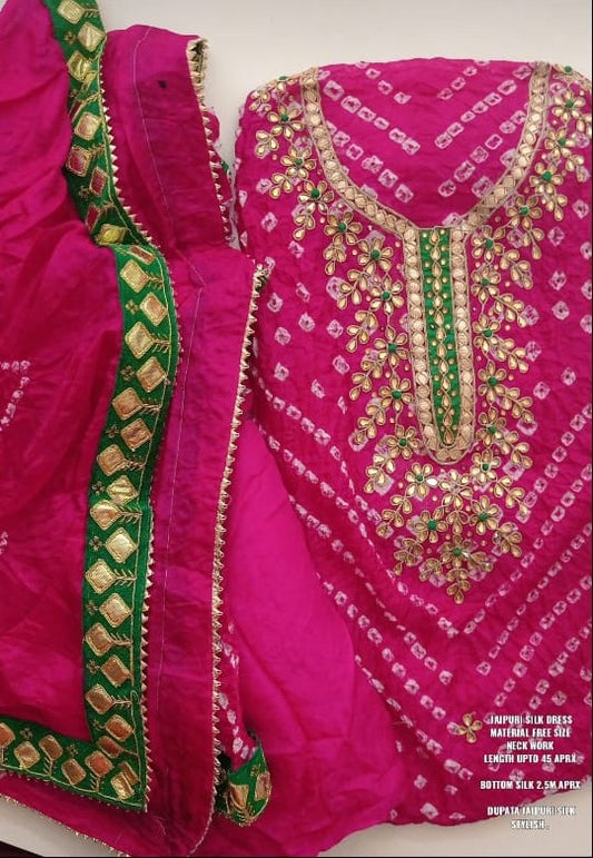 Bandhej Silk Jaipuri-Suit Material with Hand Gota Patti Work & Gotta-Border Dupatta - KANHASAREE