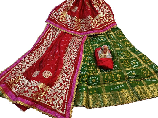 Banarasi Gharchola jaipuri Silk Bandhani Lehenga Choli with Heavy Gota Patti Work - KANHASAREE