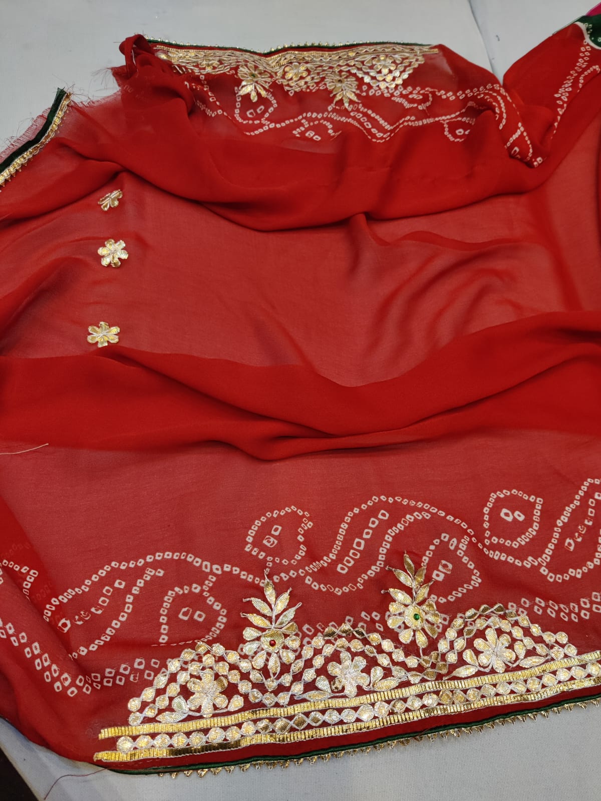 Georgette Moss Bandhani Chunri Saree with Multi Pachrangi Colors & Hand Gota Patti Work