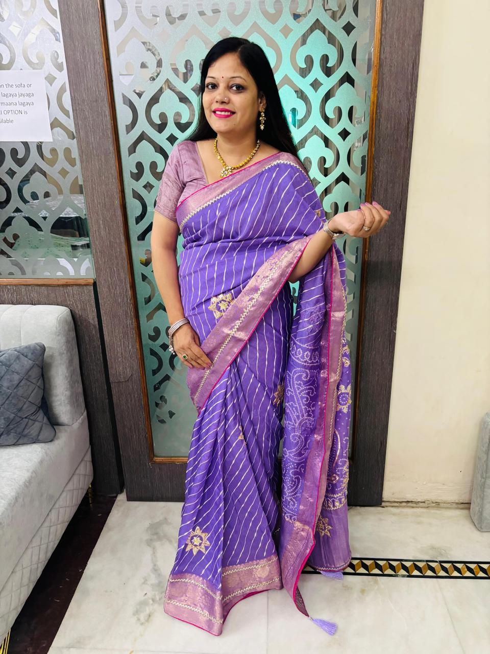Designer Uppada Silk Saree with Jari Peacock Bandhej Lahriya Pallu & Gota Work