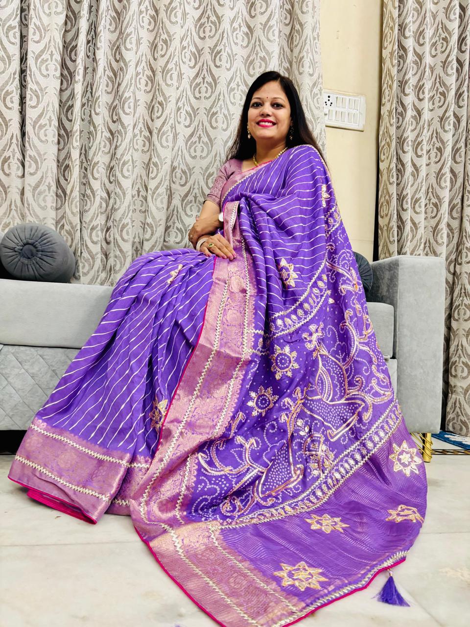Designer Uppada Silk Saree with Jari Peacock Bandhej Lahriya Pallu & Gota Work