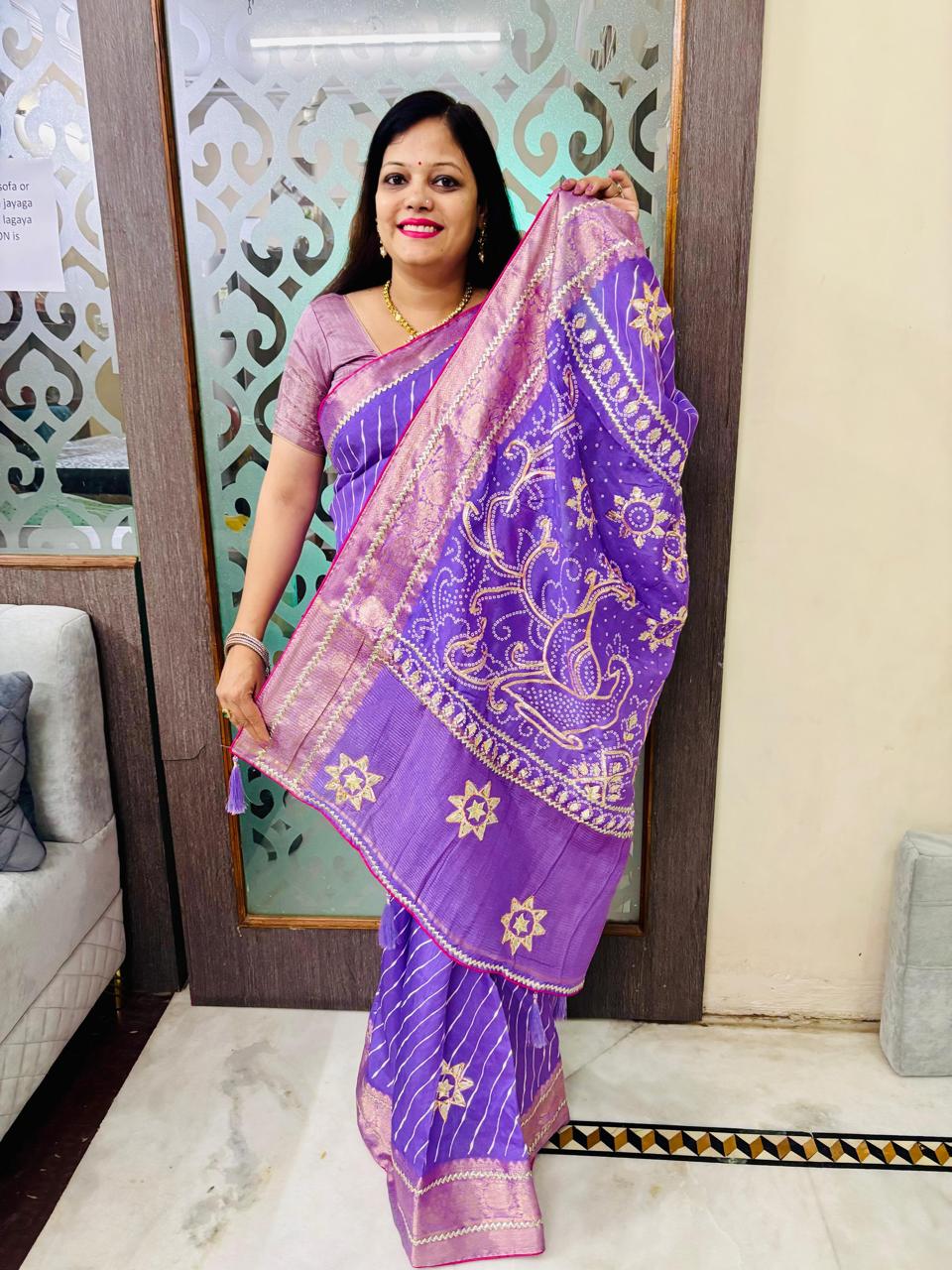 Designer Uppada Silk Saree with Jari Peacock Bandhej Lahriya Pallu & Gota Work