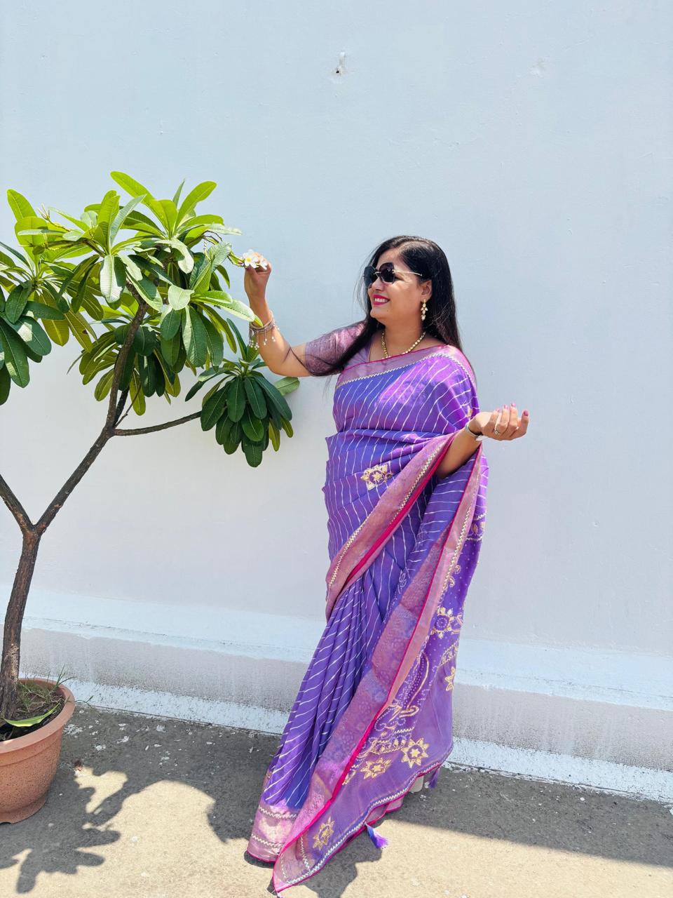 Designer Uppada Silk Saree with Jari Peacock Bandhej Lahriya Pallu & Gota Work