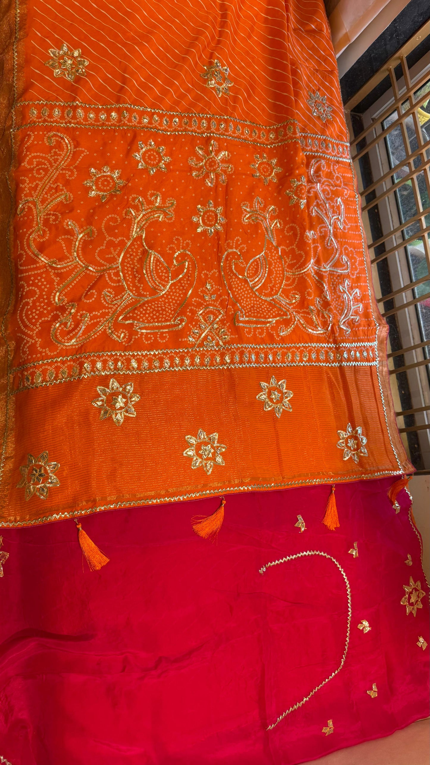 Designer Uppada Silk Saree with Jari Peacock Bandhej Lahriya Pallu & Gota Work