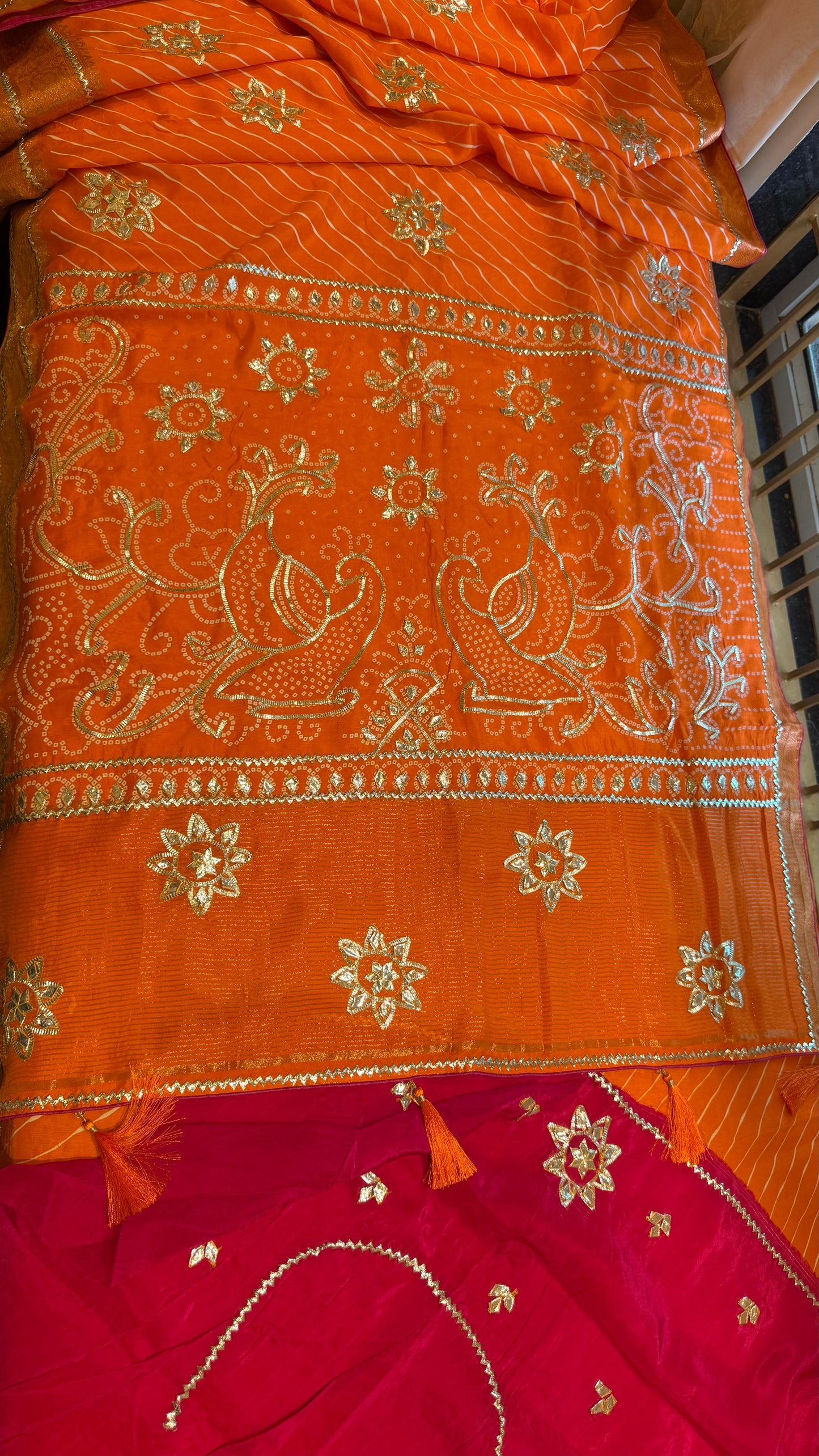 Designer Uppada Silk Saree with Jari Peacock Bandhej Lahriya Pallu & Gota Work