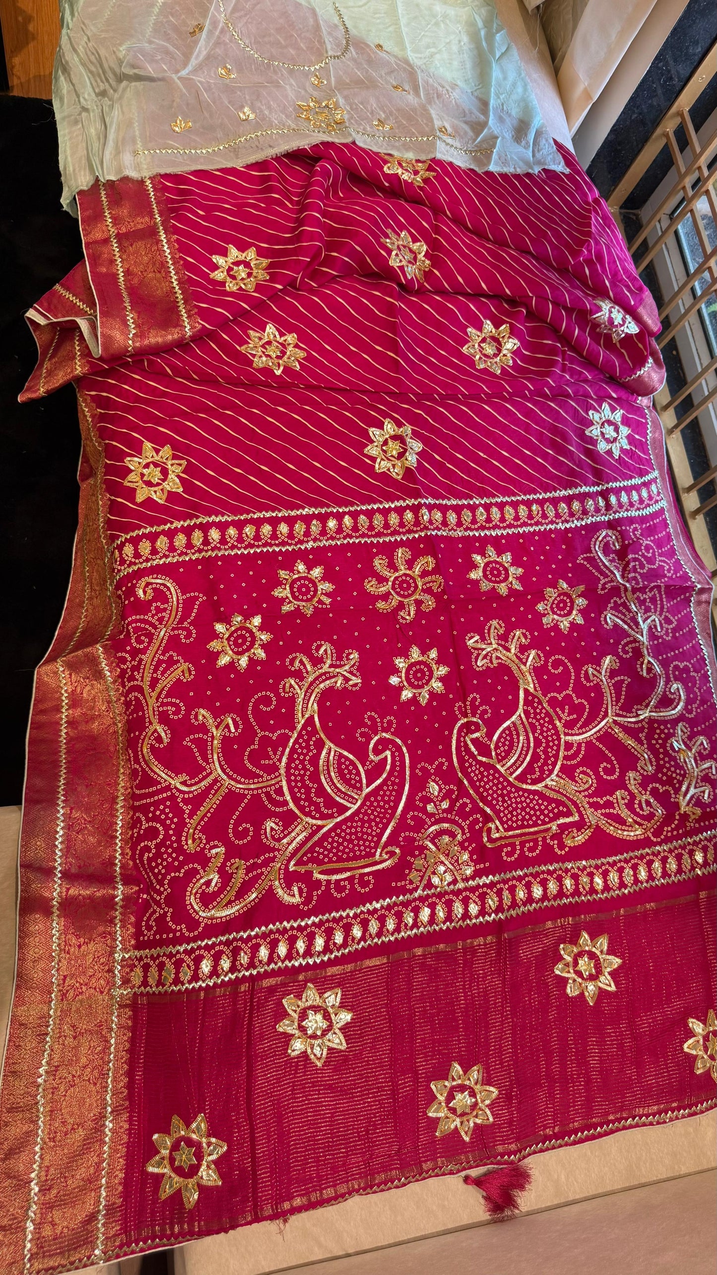 Designer Uppada Silk Saree with Jari Peacock Bandhej Lahriya Pallu & Gota Work
